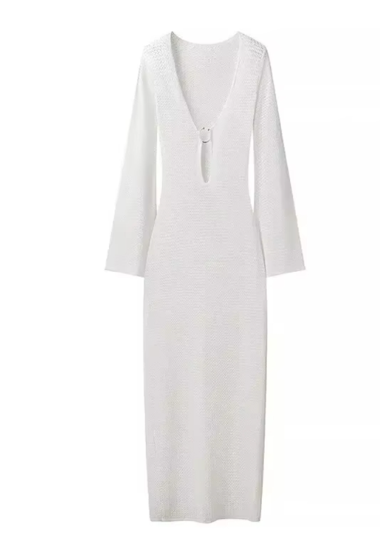 Hollow Out Maxi Dress - Metal Ring Buckle Knit Gown