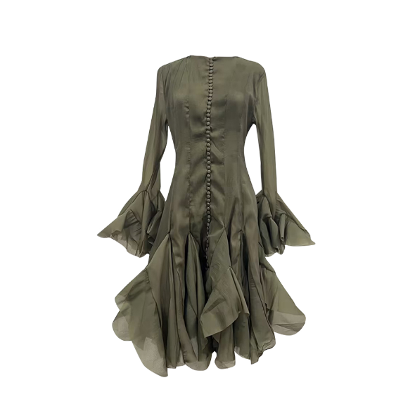 Elegant Ruffled Knee-Length Dress - Feminine Round Neck