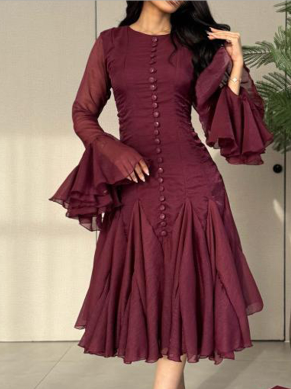Elegant Ruffled Knee-Length Dress - Feminine Round Neck