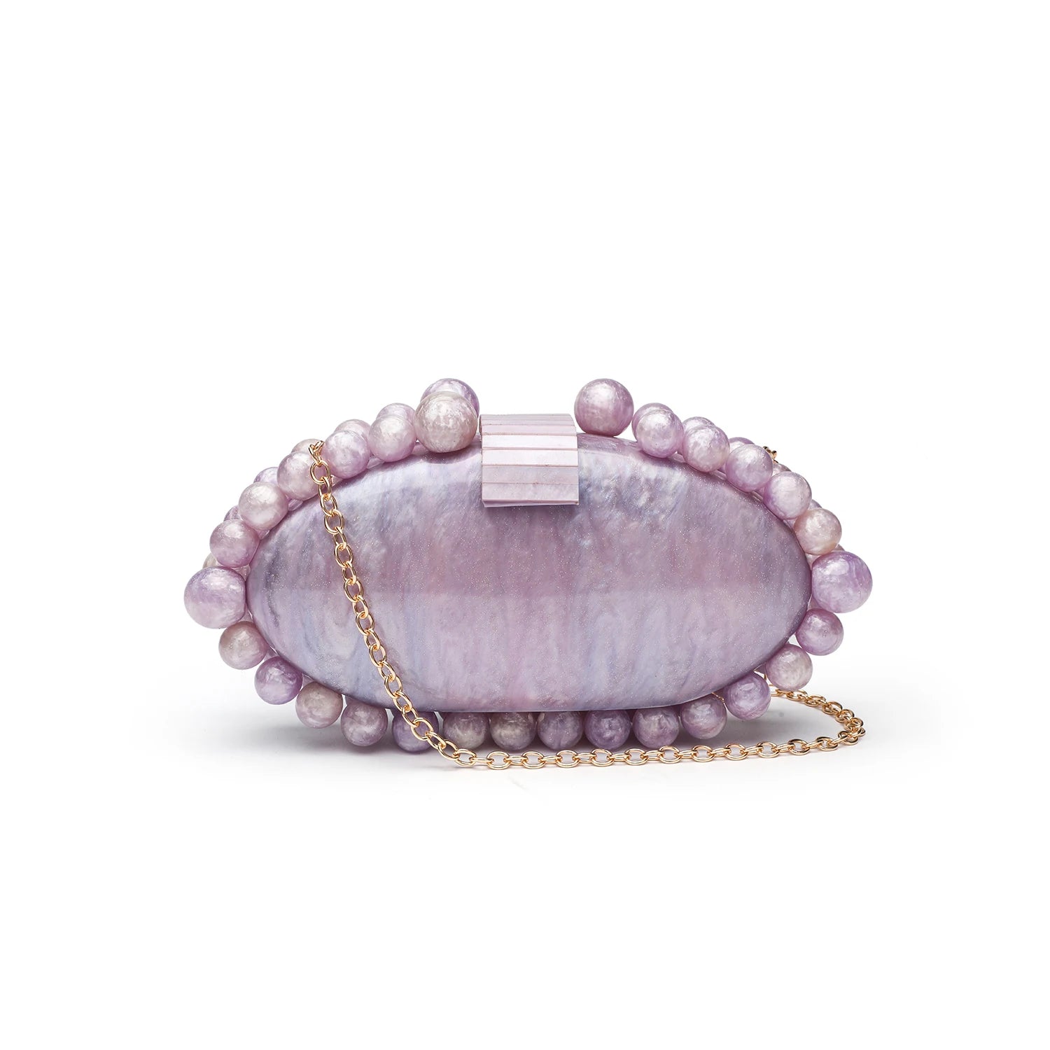 Pink pearl clutch bag with a gold chain.