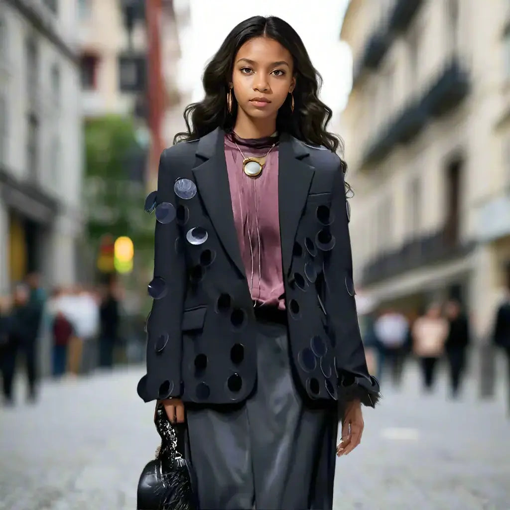 Model wearing a chic Women's Spliced Big Sequins Blazer with oversized sequins in an urban setting.