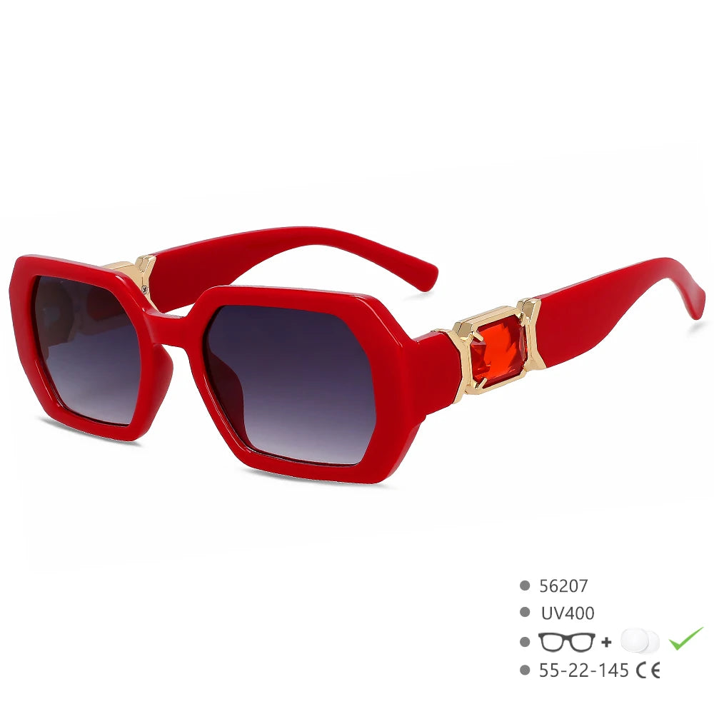 Red sunglasses with gold accents