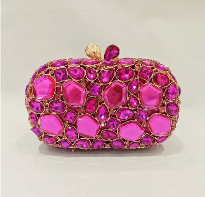 Pink gemstone clutch bag.