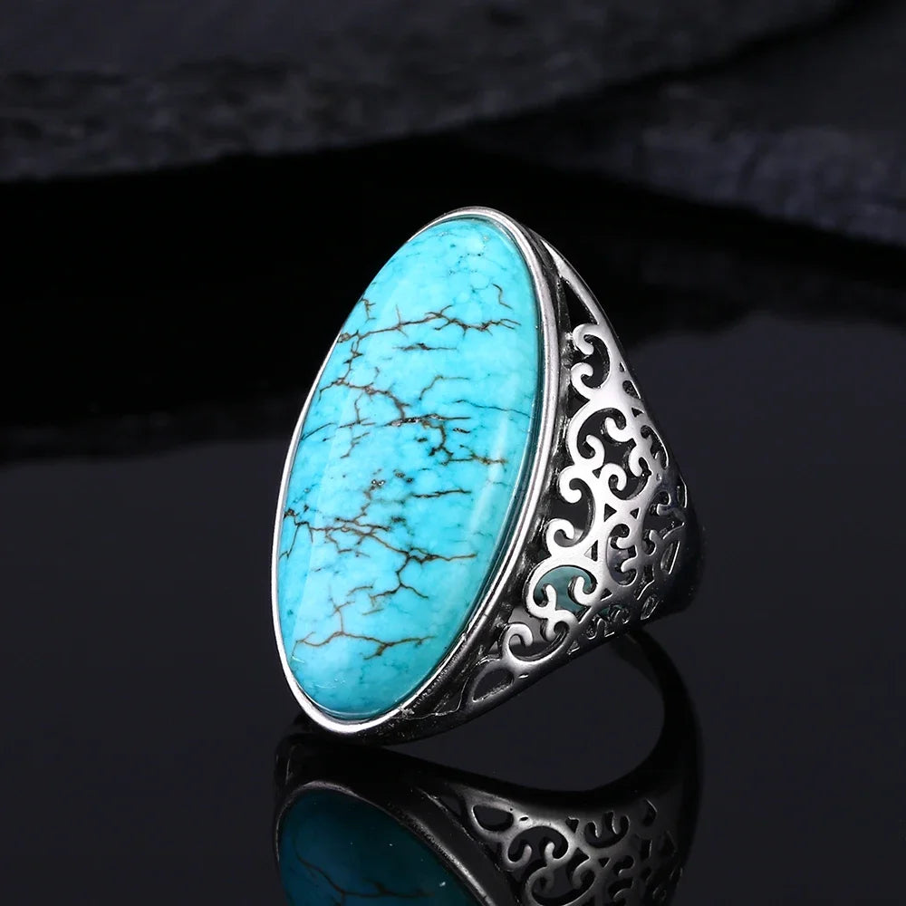 Vintage turquoise hollow design S925 silver ring unisex fine jewelry