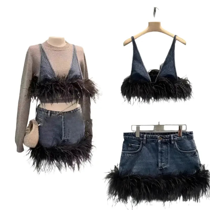 Trendy women's denim vest and skirt set with spliced feather edge, featuring a V-neck sling design and high-waist wrap.