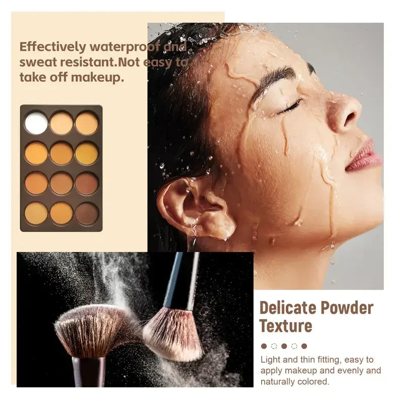 Makeup product advertisement with a palette, face with makeup, and brushes.