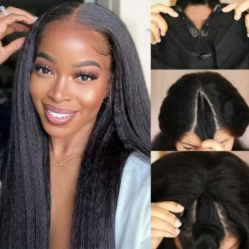 V Part Kinky Straight Human Hair Wig - Glueless Brazilian Half Wig
