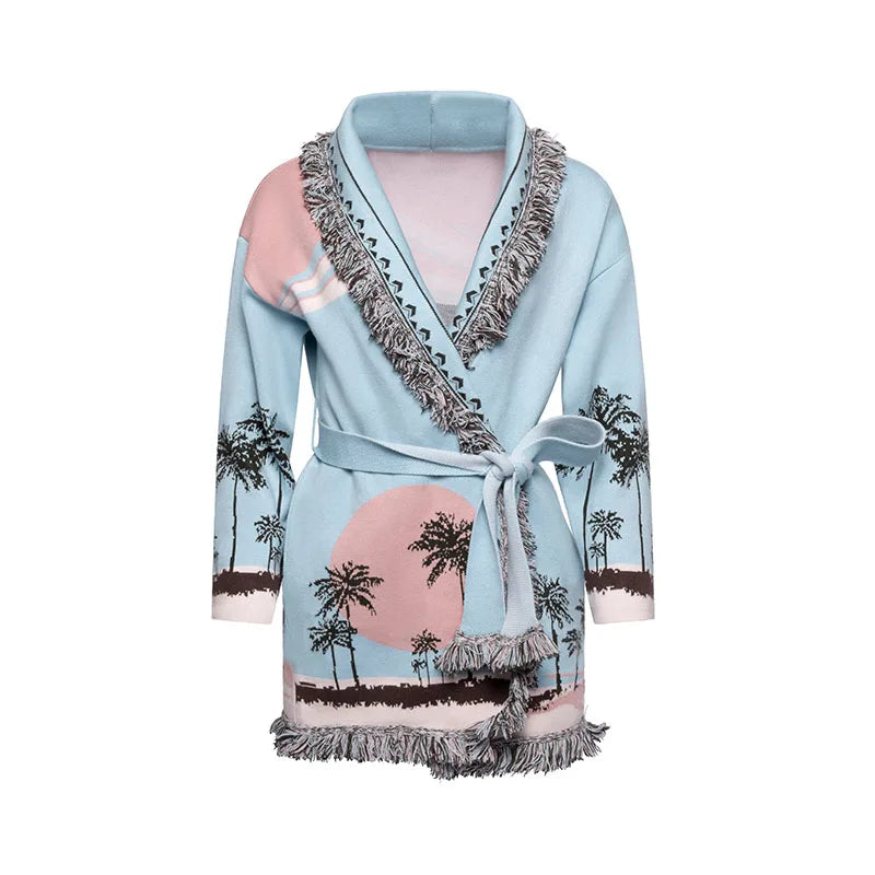 Geometric Patchwork Cardigan with Tassel Belt