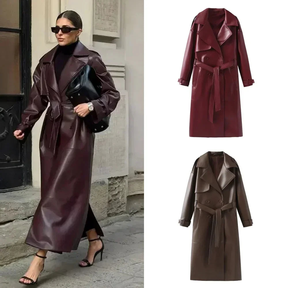 Women’s burgundy leather long coat with lapel collar and belt – vintage winter overcoat