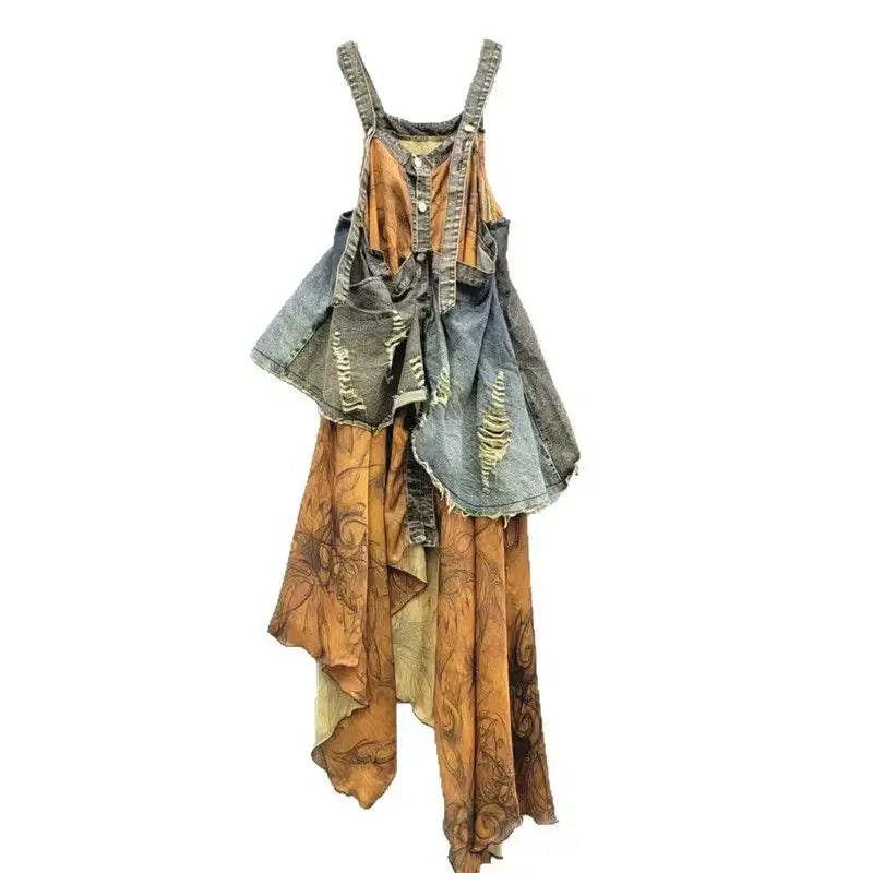 Vintage Women's patchwork denim sling dress with unique design and layered fabric in various shades.