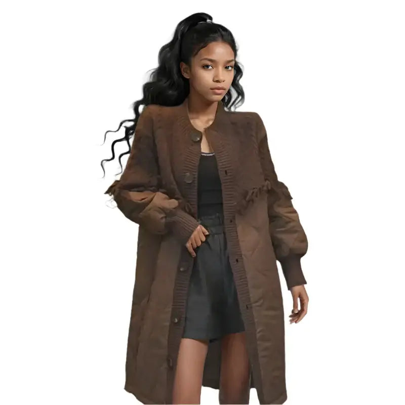 Women's tassel knit long coat in brown, featuring button-up closure and chic design, perfect for stylish warmth.