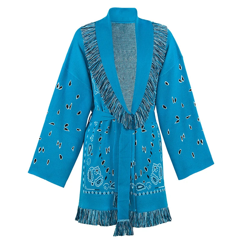 Geometric Patchwork Cardigan with Tassel Belt
