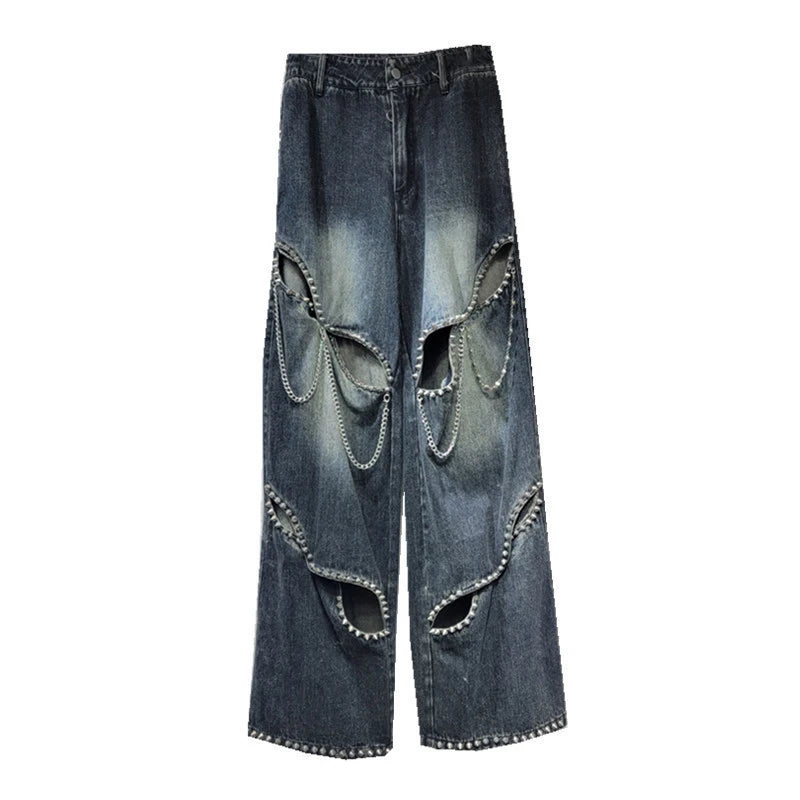 Women's Rivet Cut-Out Chain Detail Wide-Leg Jeans