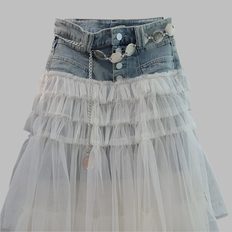 Trendy Spliced Mesh Denim Long Skirt – High Waist Style