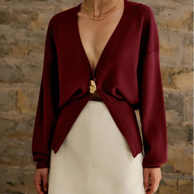 Red blazer with a deep neckline