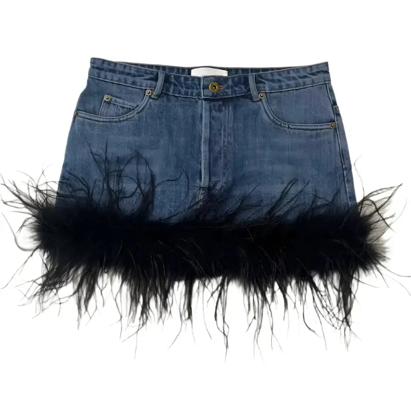 Trendy high-waist denim skirt with spliced feather edge, designed for bold fashionistas and casual outings.