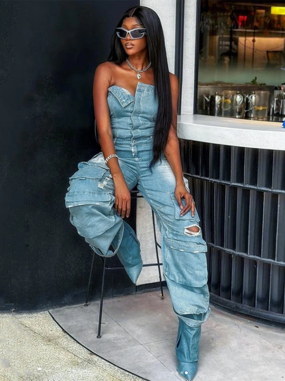 Strapless Denim Jumpsuit - Multi Pocket Wide Leg Jeans