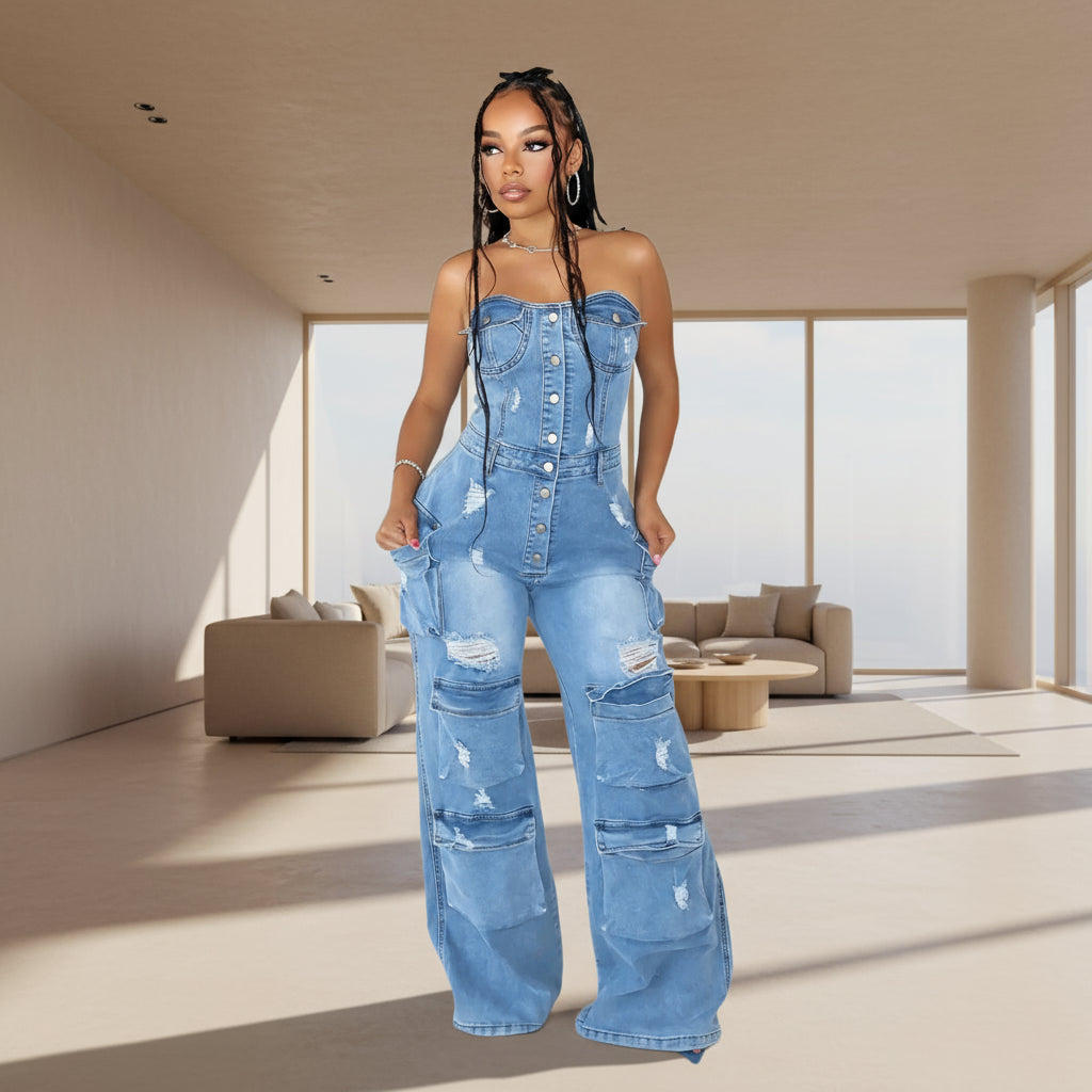 Woman wearing a blue denim jumpsuit 