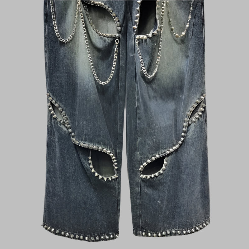 Women's Rivet Cut-Out Chain Detail Wide-Leg Jeans