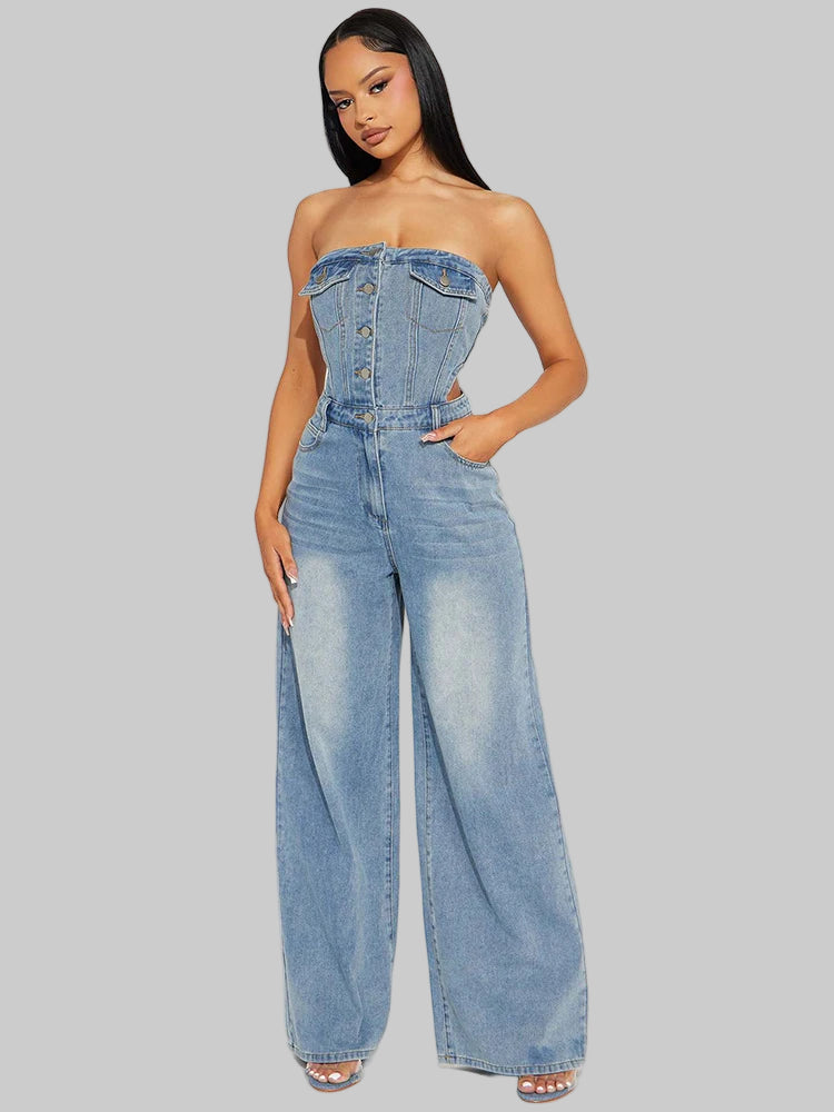 Blue denim off-shoulder jumpsuit with high waist and wide leg pants