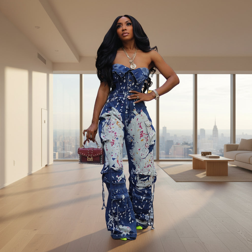 Woman wearing a blue floral jumpsuit holding a red handbag