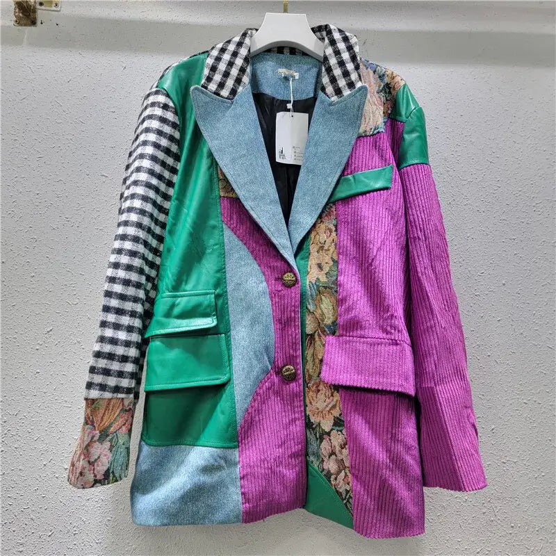 Trendy women's plaid patchwork blazer with vibrant colors and structured lapel, perfect for winter fashion.