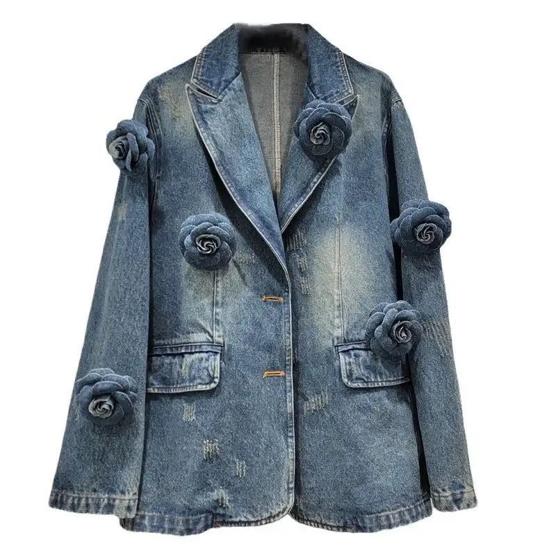 Stylish Women's 3D Floral Embroidered Relaxed Denim Blazer with rose details and a comfortable fit.