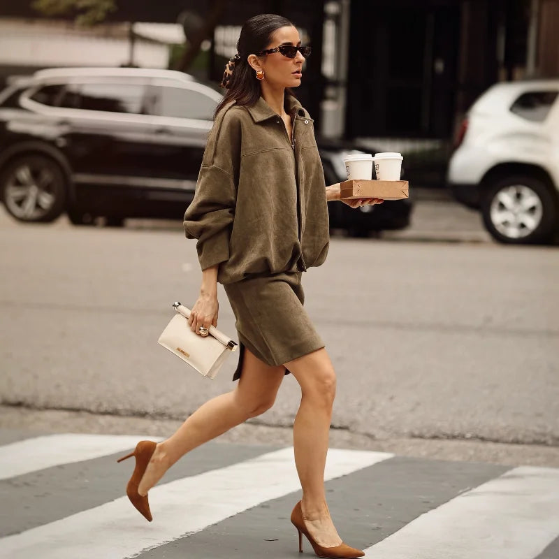 Women's Fashion Coat & Short Skirt Set 