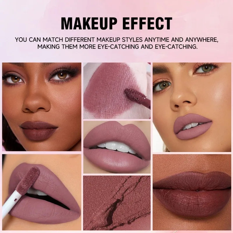 Collage of a makeup product with close-up shots on lips and text about makeup effect.