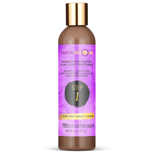 Bottle of Naturalicious Moroccan Rhassoul 5-in-1 Clay Treatment on a white background