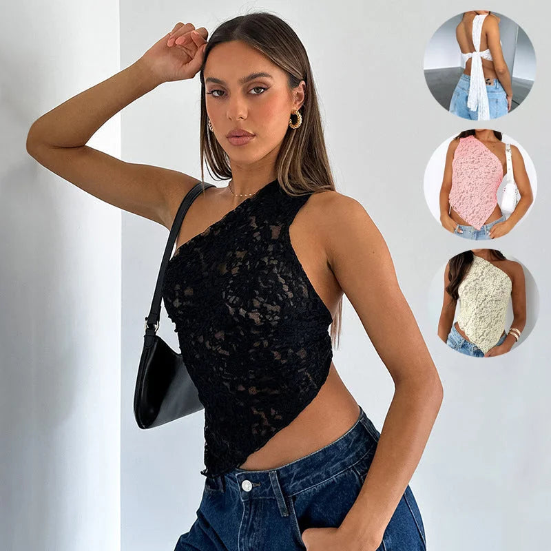 Summer INS Lace Backless Sloped Neck Vest - Asymmetrical Streetwear - HalleBeauty