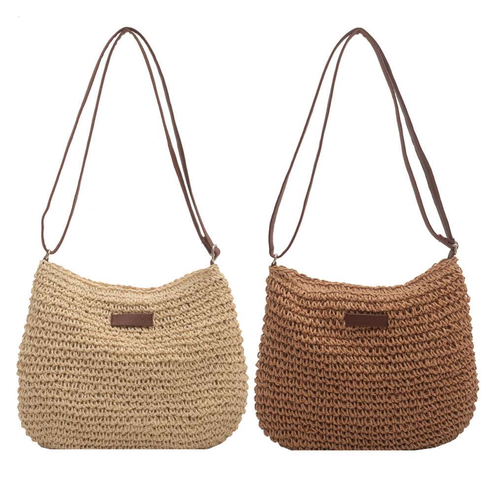 Two woven shoulder bags are displayed side by side. The left is beige, the right brown; both crafted from straw, ideal for beach trips. Each features long, thin straps and a small rectangular label reading Vacation Straw Tote Bag on the front. Brand: HalleBeauty.