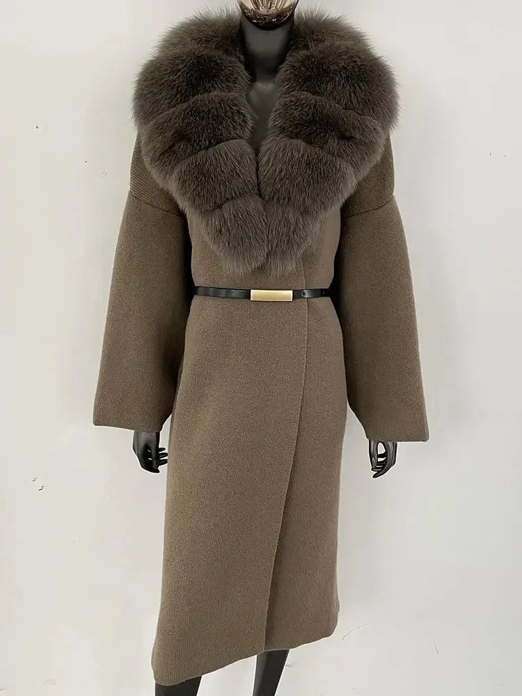 Women's Knit Fox Fur Long Coat-Hallebeauty