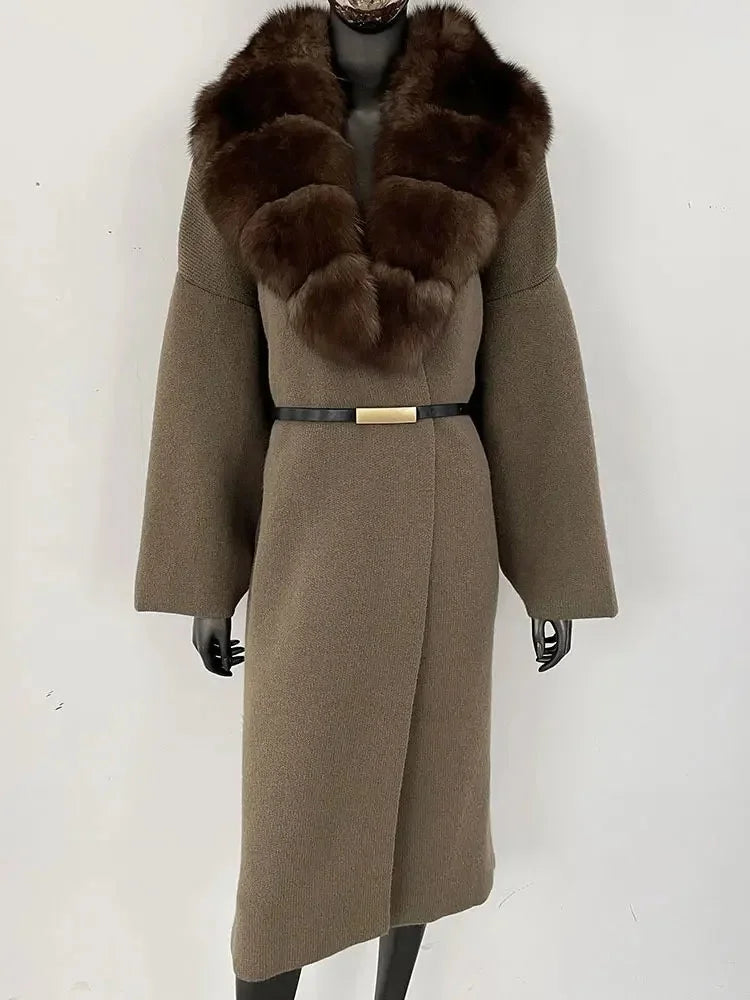 Women's Knit Fox Fur Long Coat-Hallebeauty