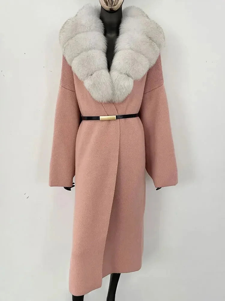 Women's Knit Fox Fur Long Coat-Hallebeauty
