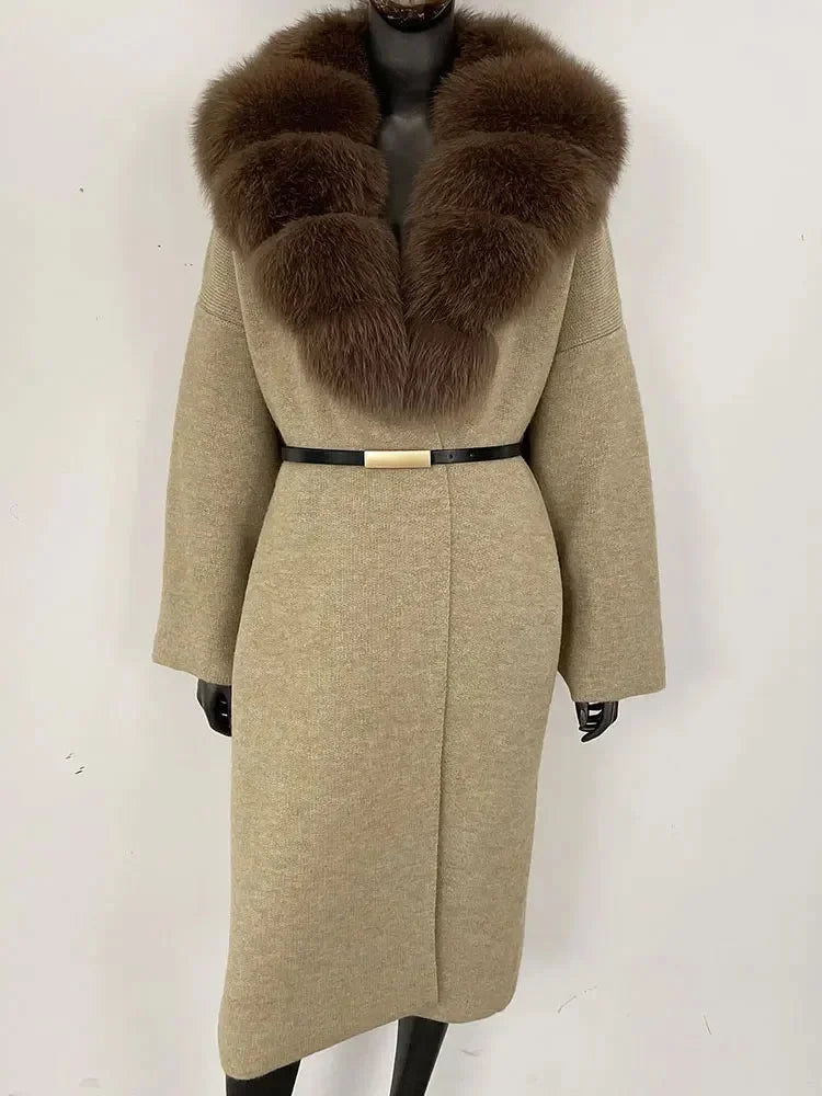 Women's Knit Fox Fur Long Coat-Hallebeauty