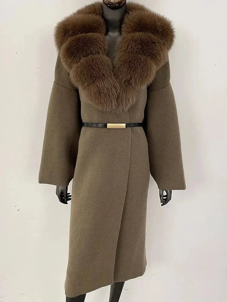 Women's Knit Fox Fur Long Coat-Hallebeauty