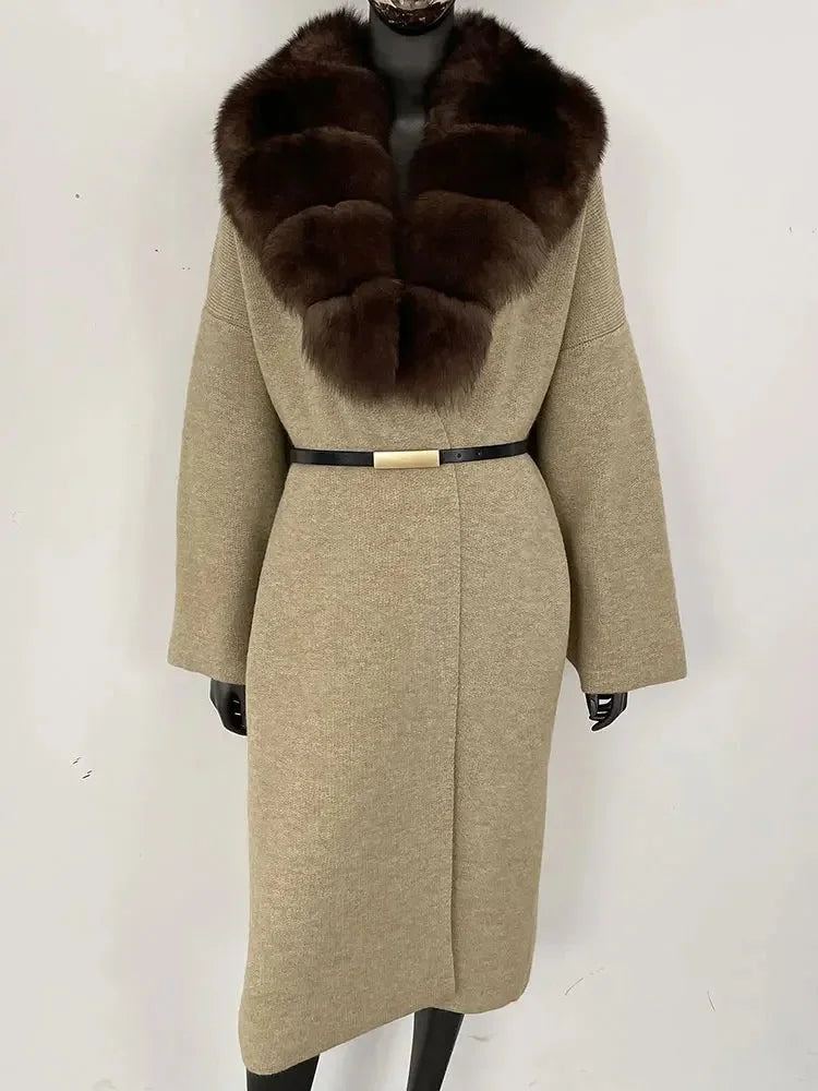 Women's Knit Fox Fur Long Coat-Hallebeauty