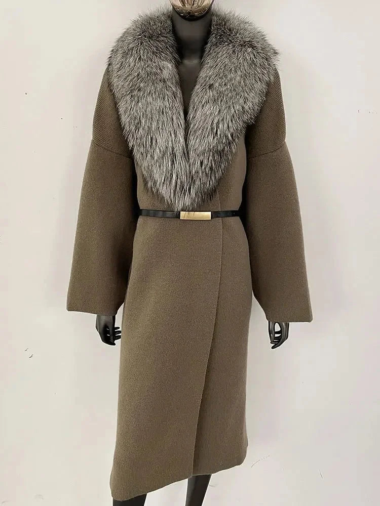 Women's Knit Fox Fur Long Coat-Hallebeauty