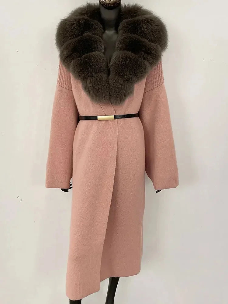 Women's Knit Fox Fur Long Coat-Hallebeauty