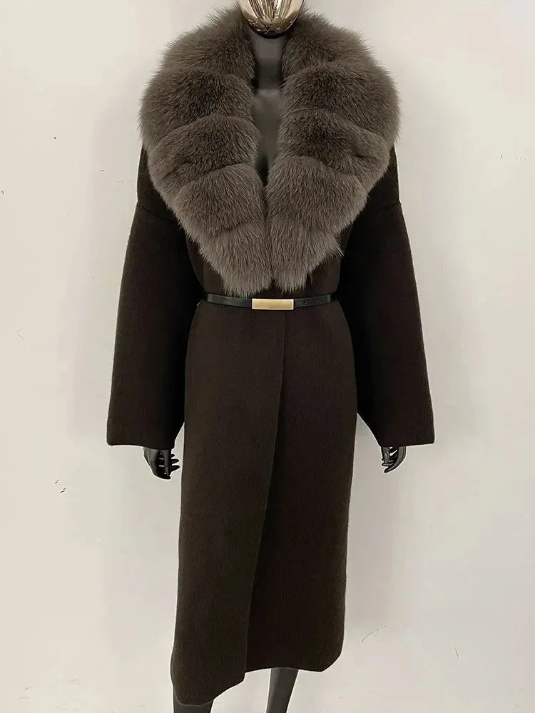 Women's Knit Fox Fur Long Coat-Hallebeauty