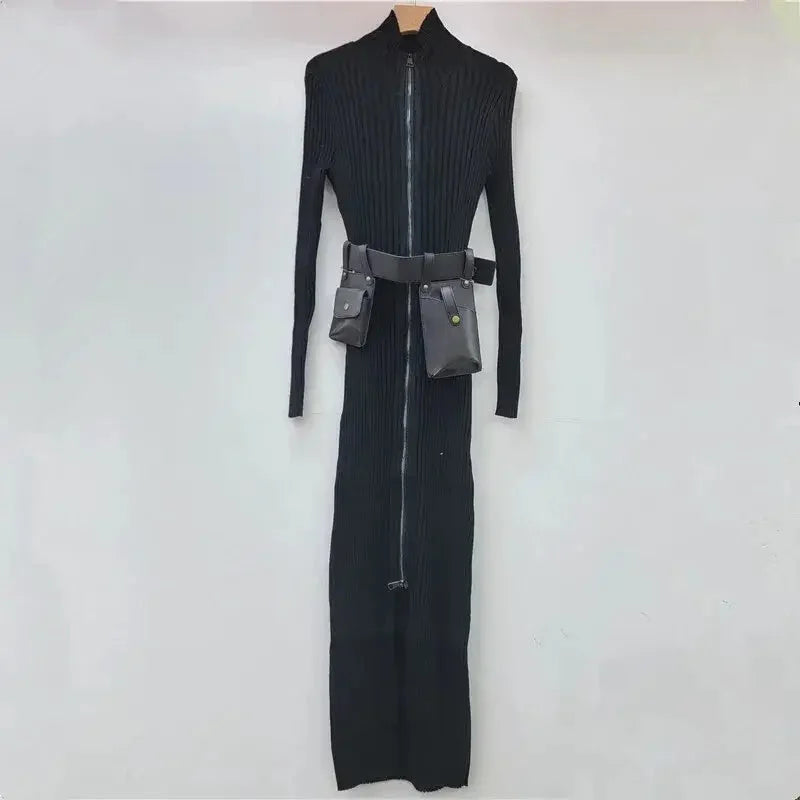Women's striped knit long dress with stand collar and belted bag detail, stylish and elegant design.