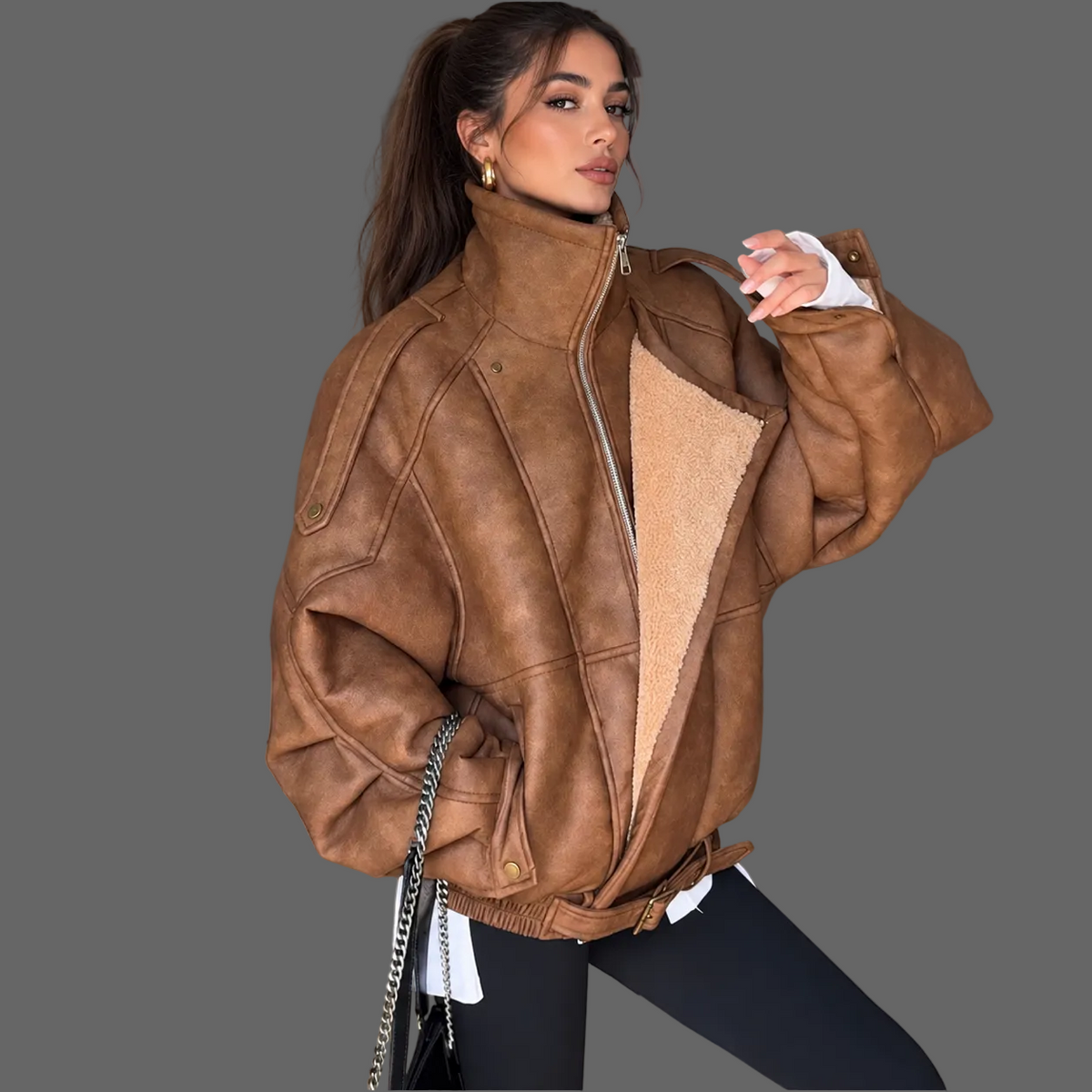 Women's Velvet-Lined Fur Lapel Moto Jacket | Hallebeauty