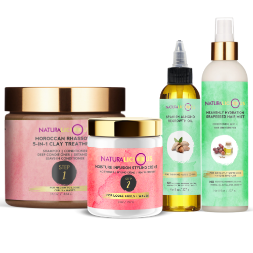 Set of Natura Célius hair care products including a jar, cream, oil, and mist on a white background.