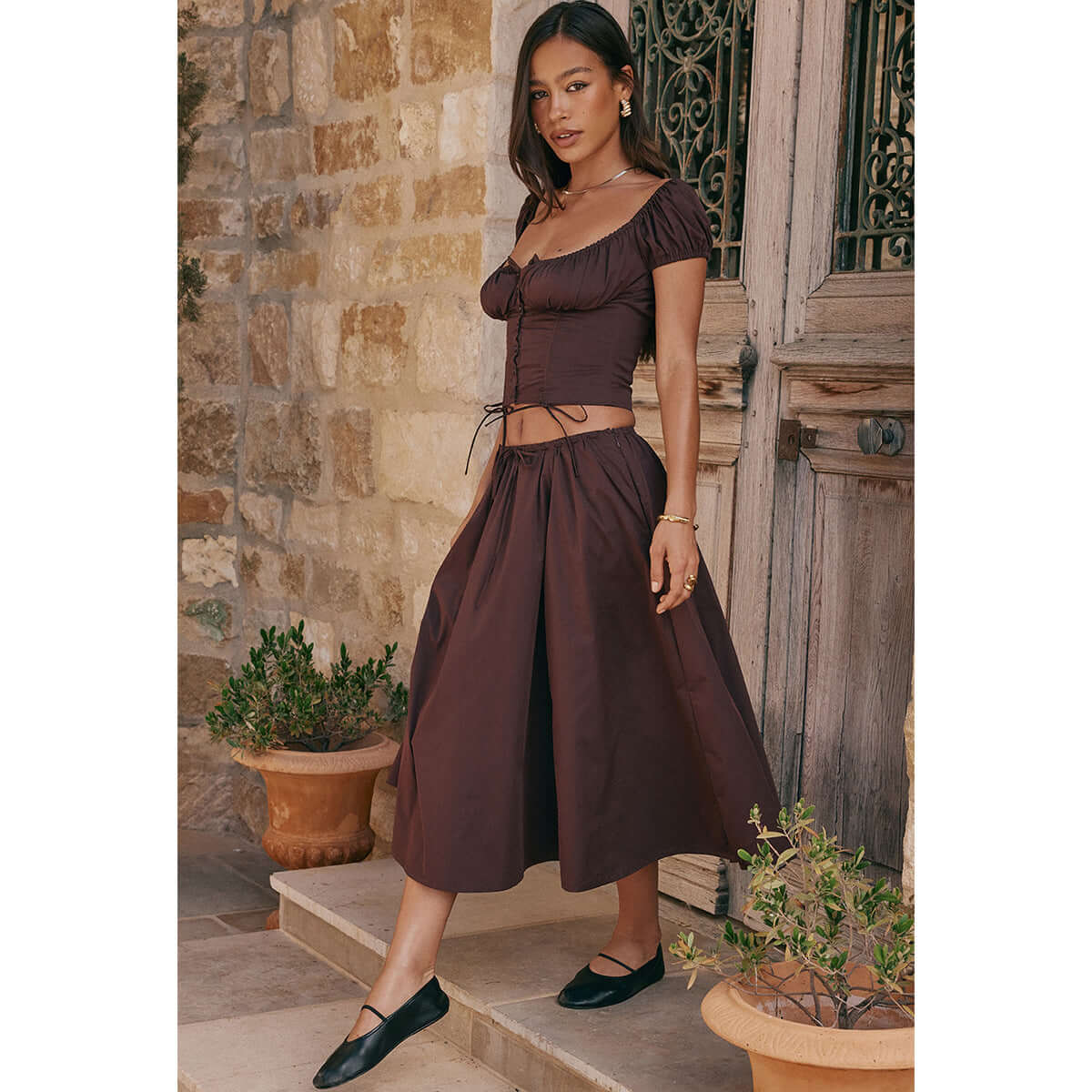 Square Collar Puff Sleeve Midriff-Baring Top and Skirt Set