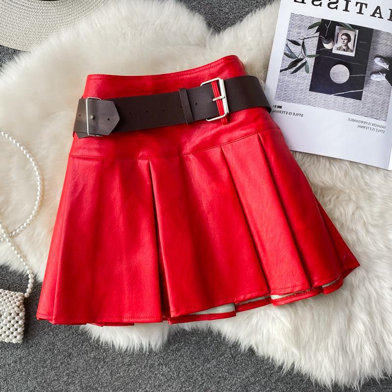 PU Pleated Mini Skirt in Red, Black or Brown | Hallebeauty