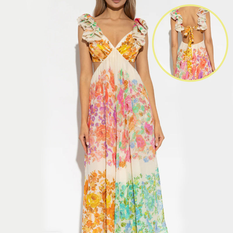 ParisianWhimsy - Floral Ruffle V-Neck Summer Dress