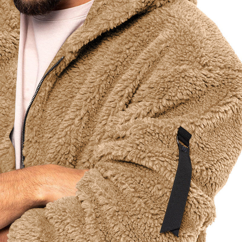 Men’s Plush Hooded Fleece Jacket - Double-Sided Wear Warm Casual Coat