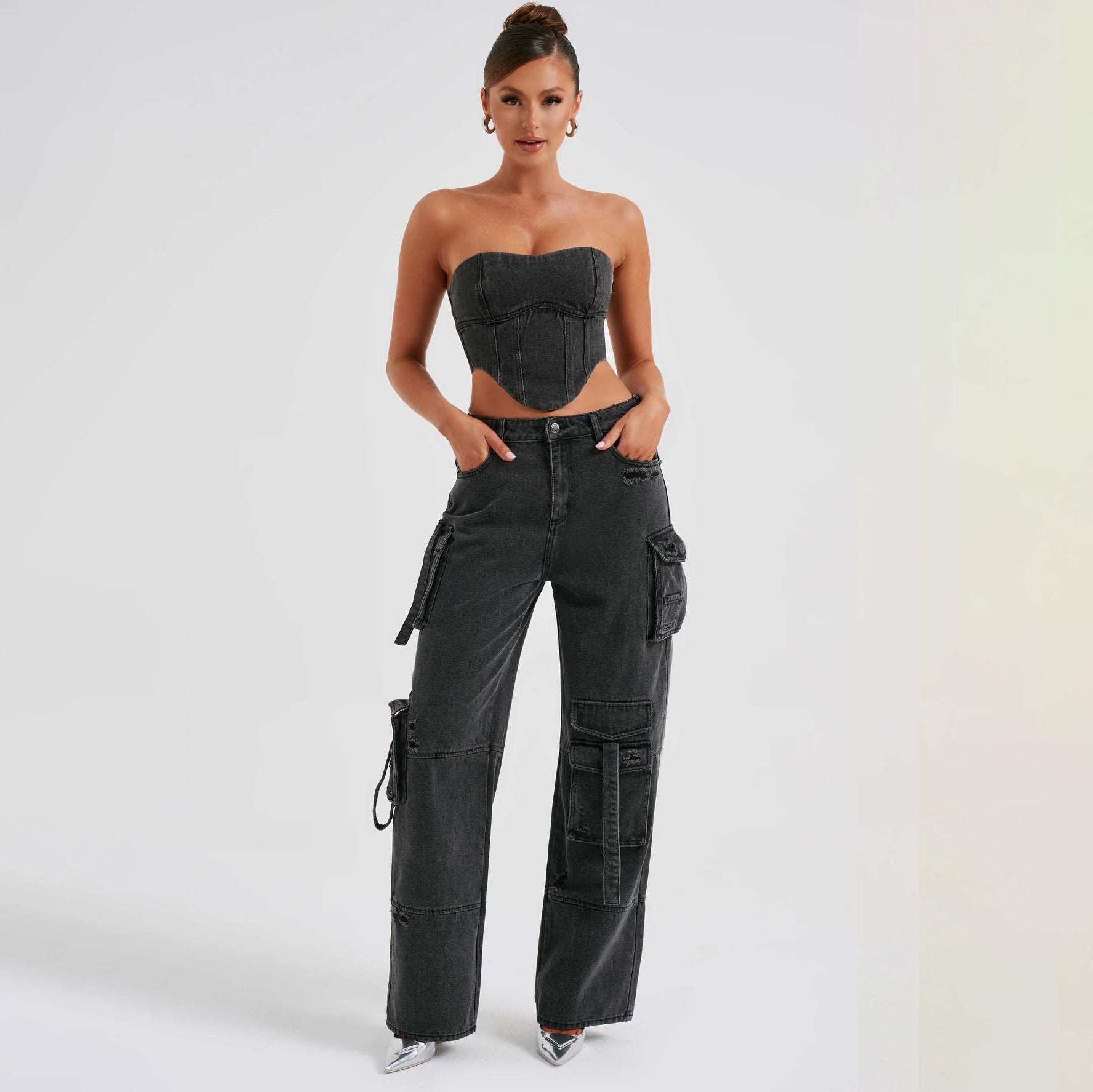 Stylish Low Waist Tube Top and Pocket Stitching Jeans for Women