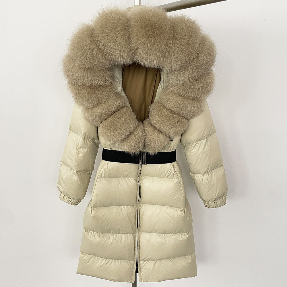 Women’s Long Hoodie Coat with Fox Fur Collar - Stylish & Warm